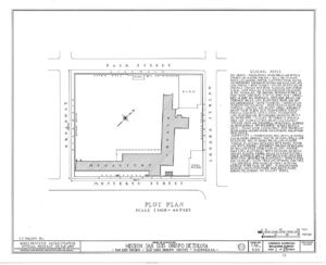 (PD) Drawing: Historic American Buildings Survey A plot plan drawing of the Mission San Luis Obispo complex as prepared by the U.S. Historic American Buildings Survey in 1937.