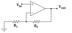 An op-amp connected in the non-inverting amplifier configuration