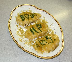 Ready to serve, with extra aspic chopped and scattered around the platter.