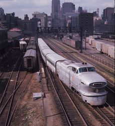 (CC) Photo: Brenda M. Bailey / San Diego Model Railroad Museum Rock Island No. 3, a GM Aerotrain set, operates in Chicago commuter service in August 1964.