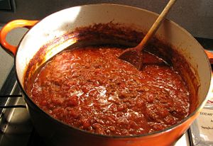 The finished Bolognese, ready to be served on tagliatelle.